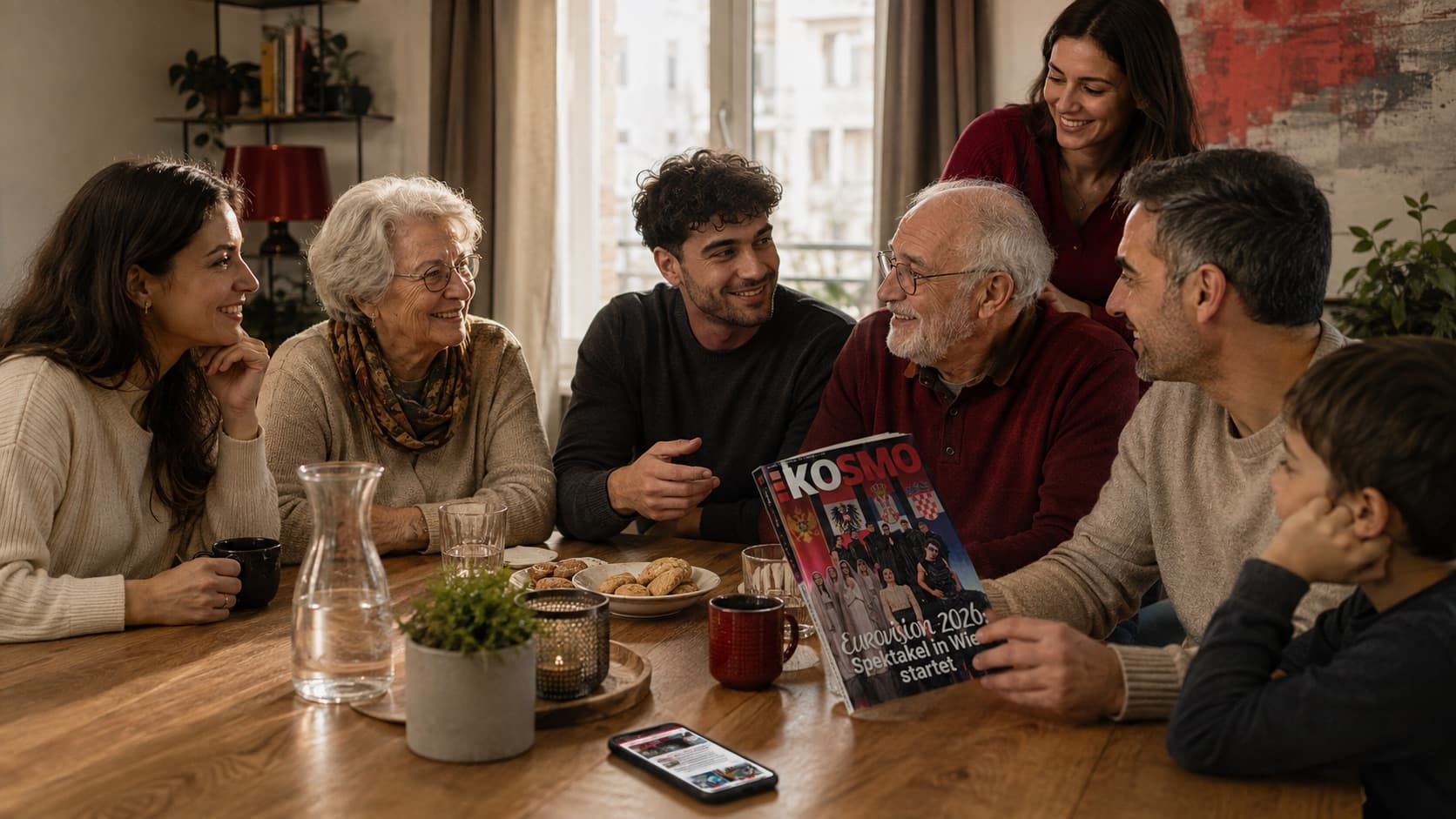 Drei Generationen einer Familie sitzen am Esstisch beisammen, ein Mann hält eine KOSMO-Ausgabe in der Hand