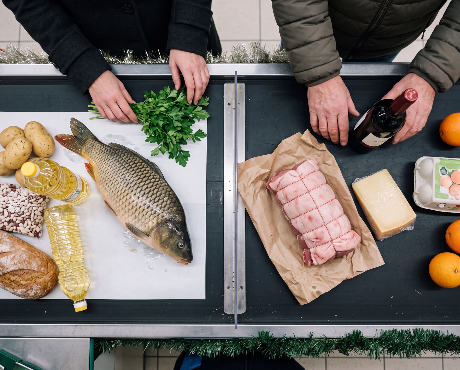 Auf einem Kassaband liegen links Karpfen, Bohnen, Öl und Brot, rechts ein Braten, Käse, Eier und Wein, darüber weihnachtliches Lametta