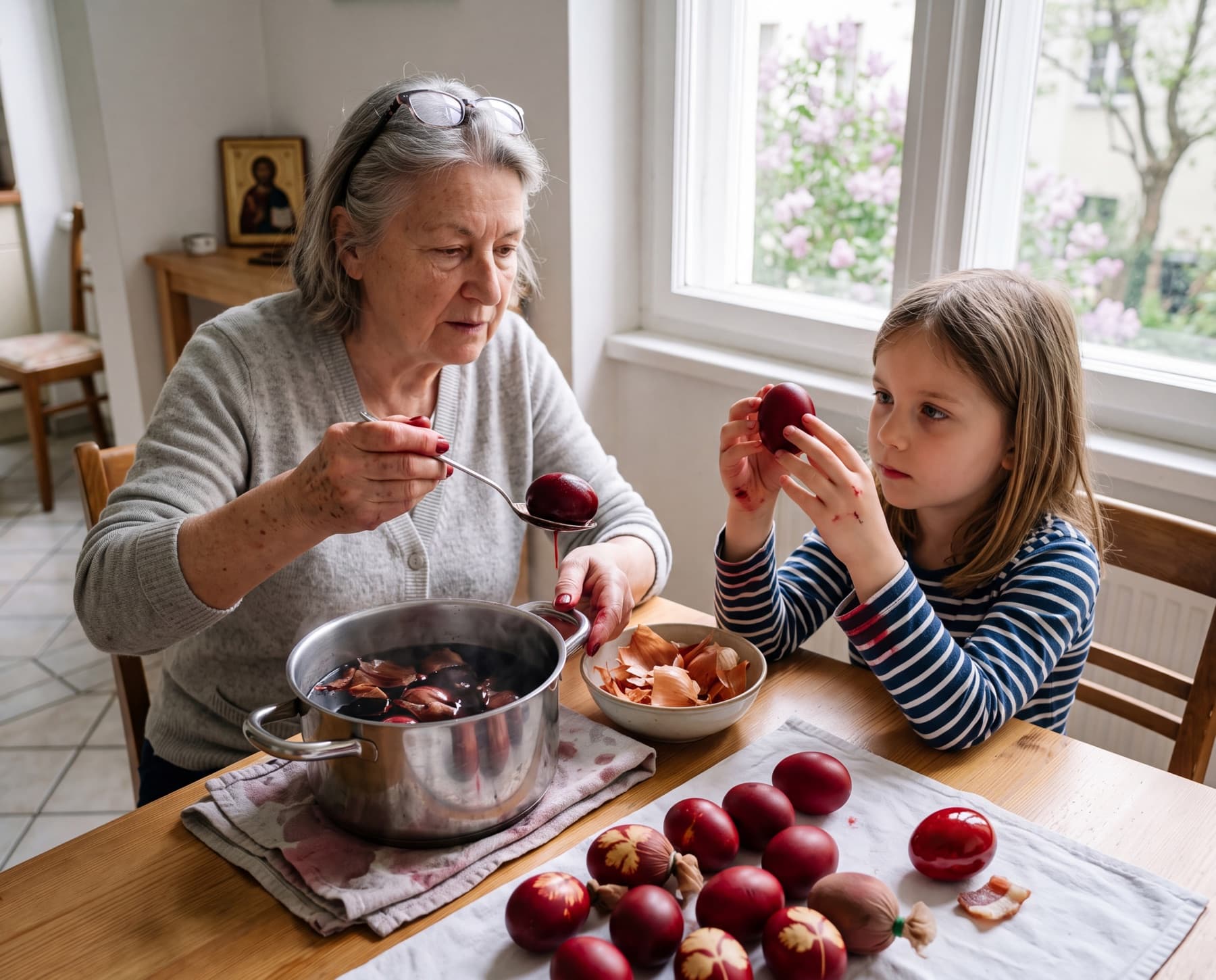 Eine Großmutter und ihre Enkelin färben Ostereier mit Zwiebelschalen, im Hintergrund hängt eine Ikone