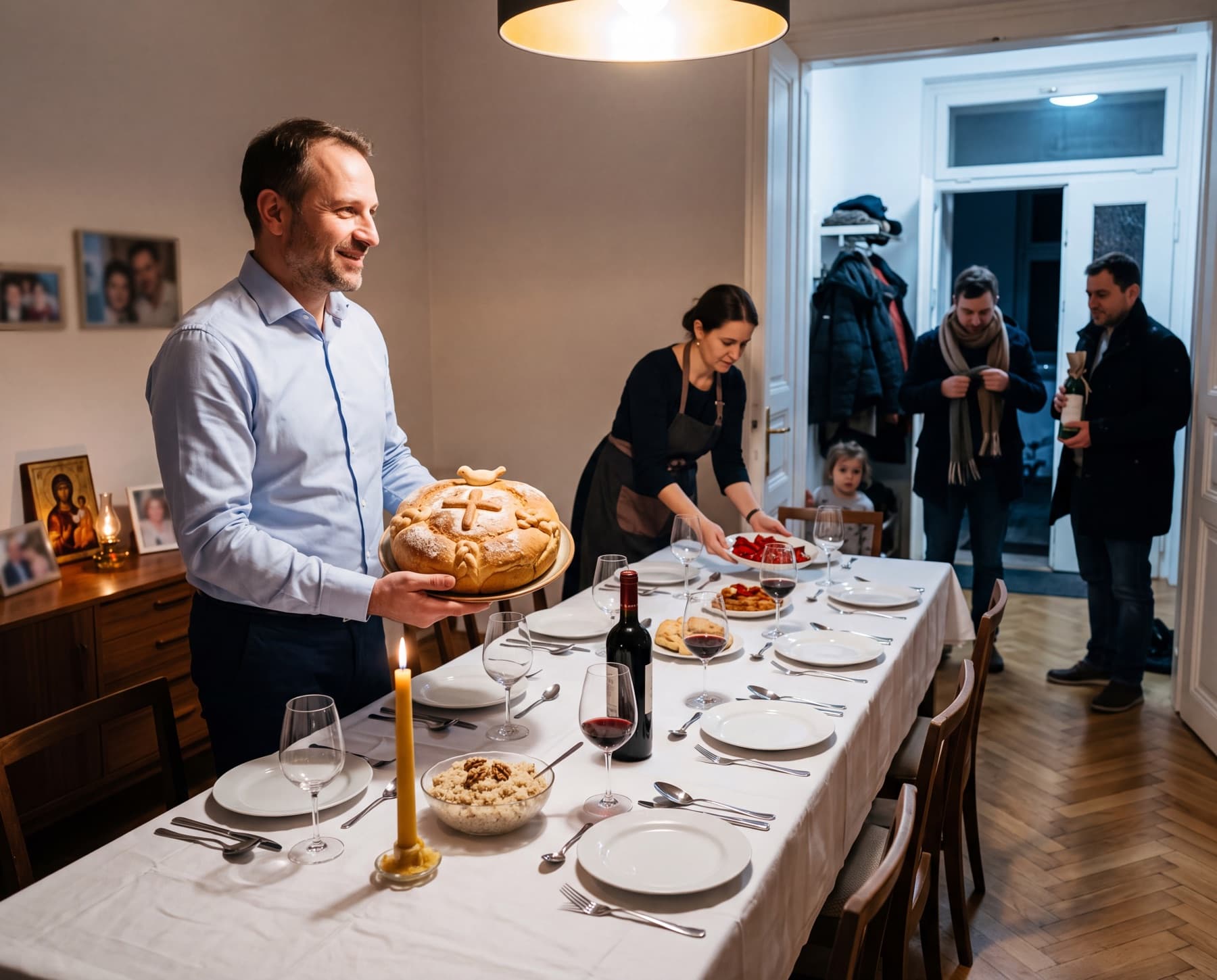 Ein Gastgeber trägt den Slava-Kuchen an den gedeckten Tisch, im Vorzimmer kommen Gäste mit Wein an