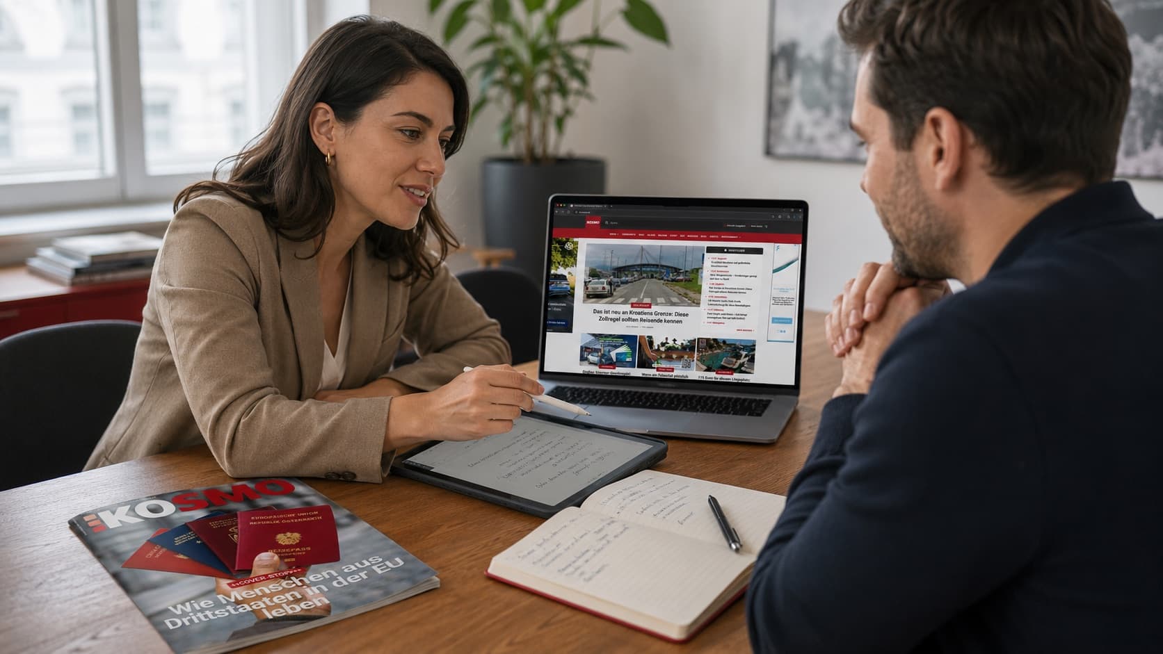 Ein Beratungsgespräch am Tisch, davor das KOSMO-Heft, ein Laptop zeigt kosmo.at