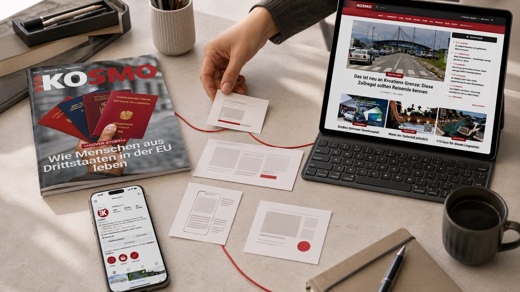 Ein Schreibtisch mit KOSMO-Heft, Tablet und Smartphone, dazwischen Entwurfskarten, verbunden durch eine rote Schnur